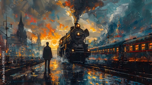 A vintage steam locomotive pulls into a bustling station at sunset, its arrival painting a lively scene of travel and nostalgia, Digital art style, illustration painting. photo
