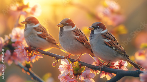 Group of sparrow birds sitting on the branch in spring garden.