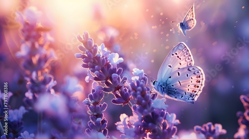Butterflies flutter around vibrant lavender flowers, bathed in the warm, soft glow of a setting sun, creating a serene and whimsical scene. © Sak