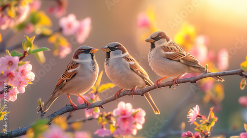 Group of sparrow birds sitting on the branch in spring garden.
