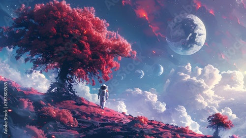 A solitary astronaut explores an alien world, wandering among crimson-hued trees against a dramatic backdrop of multiple moons and a vibrant sky, Digital art style, illustration painting.