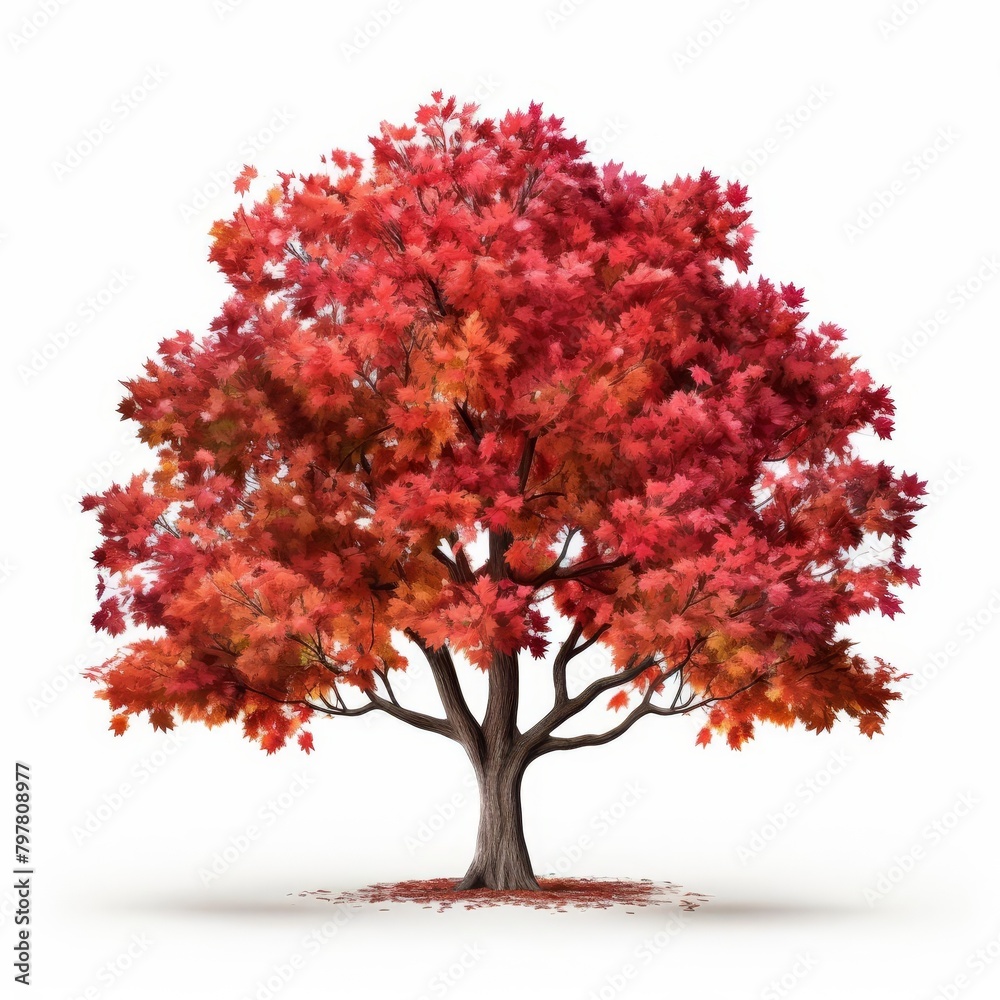 A tall maple tree with bright red leaves set against a white background.