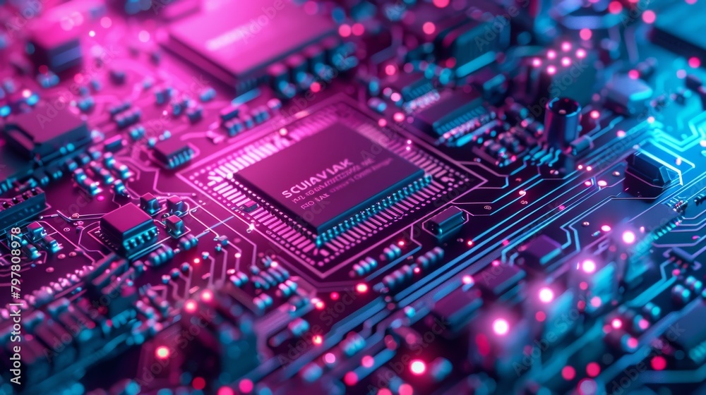 Close-up of an electronic circuit board with glowing elements and microchips. Abstract Technology Background