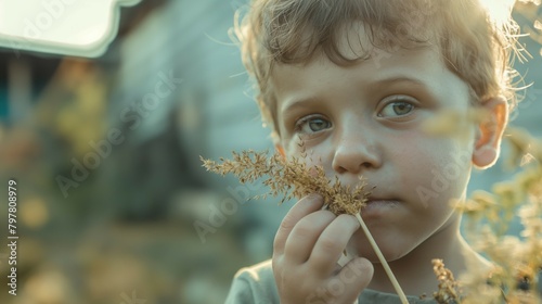 Close up coutryside child boy in a village in summer thoughtfully holding a grassy spikelet near his mouth at surise dreaming photo