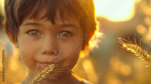 Close up coutryside child boy in a village in summer thoughtfully holding a grassy spikelet near his mouth at surise dreaming photo
