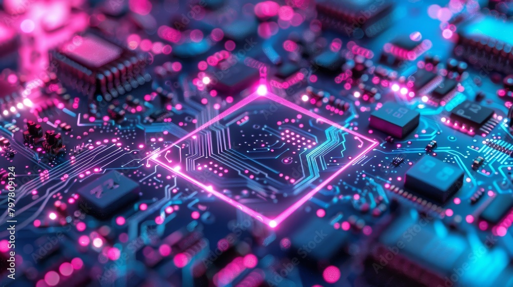 Close-up of an electronic circuit board with glowing elements and microchips. Abstract Technology Background Close-up of an electronic circuit board with glowing elements and microchips. Abstract Technology Background