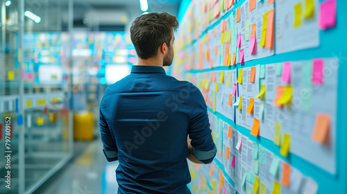 Businessman analyzing strategy with sticky notes in a creative office setup.