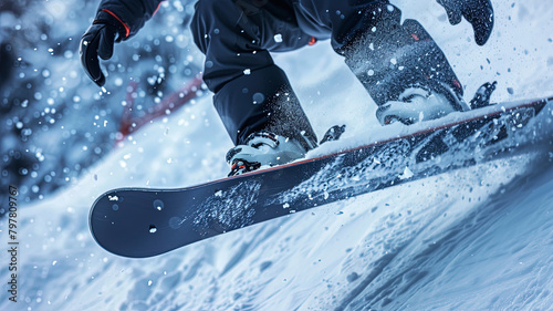 snowboarder doing tricks on the mountain, close up of snowboarder on the snow