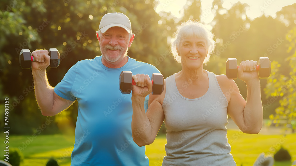 Senior Caucasian man and woman doing exercise with dumbbells outdoors Senior Caucasian man and woman doing exercise with dumbbells outdoors