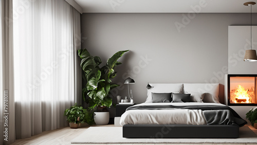 cozy bed room with trophical plant, and fire place. Generative AI photo