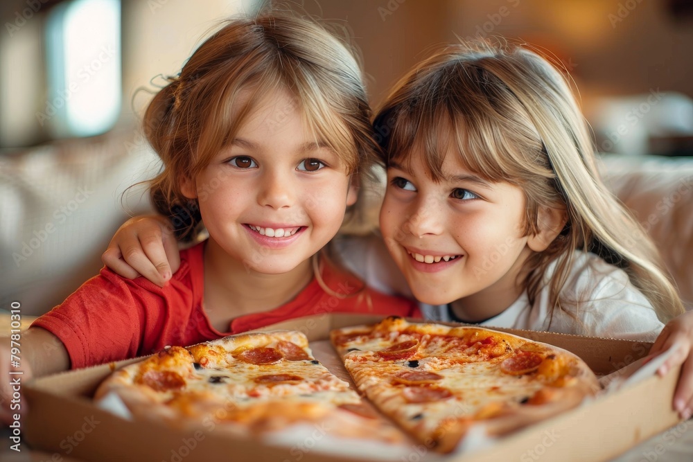 Two young children smile while sharing a delicious pizza, joy is evident Two young children smile while sharing a delicious pizza, joy is evident