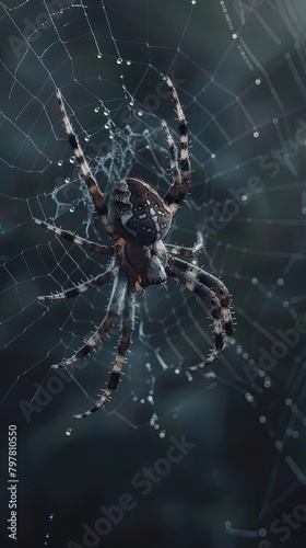 A closeup of a spider in a web, dew highlighting its intricate form, shot against a dark, blurred background to enhance the fear factor, no grunge, no dust, 4k © enterdigital