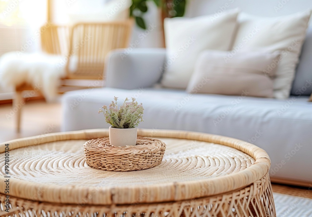 Elegant rattan tabletop with decorative plant in a cozy living space