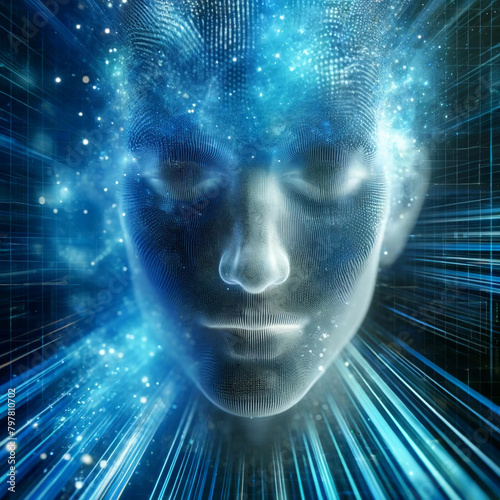 A close-up of a hologram of a human face, rendered with vibrant digital pixels that flicker with an ethereal blue glow. The background features current digital data streams in various shades of electr photo