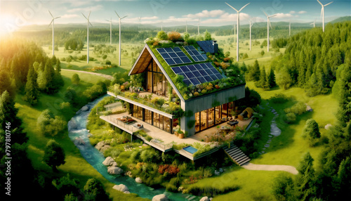太陽光パネルと風力発電で自然エネルギーを使用したゼロエネルギーの住宅 photo