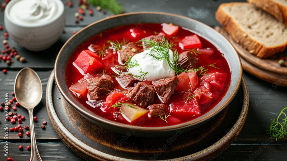 A plate of borscht with beetroot, cabbage, potatoes, and meat, served with sour cream and dill, and a slice of rye bread. A plate of borscht with beetroot, cabbage, potatoes, and meat, served with sour cream and dill, and a slice of rye bread.