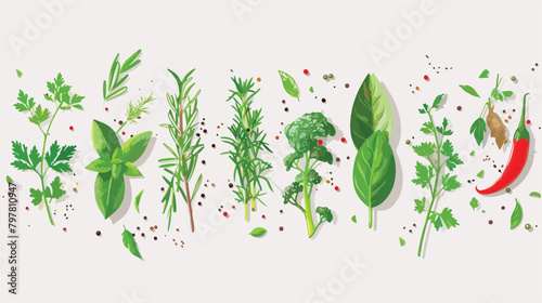 Fresh herbs with spices on grey background Vector illustration