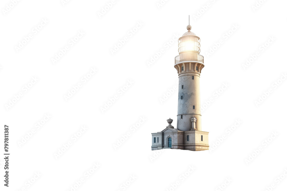 A white lighthouse standing tall against a white backdrop, symbolizing protection and guidance for ships at sea