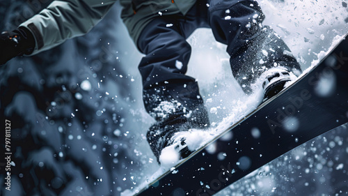 snowboarder doing tricks on the mountain, close up of snowboarder on the snow