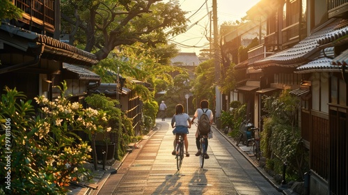 Young couples ride bicycles to tour the ancient town, with the sunshine shining brightly