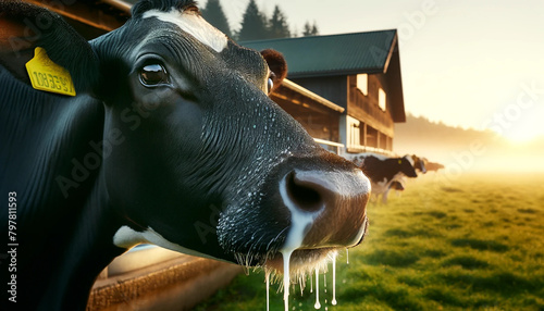 The photo shows the face of a Friesian cow, black with characteristic white markings, exhaling heavily. The background depicts a typical dairy farm scene with a hint of milking stalls and other dairy  photo