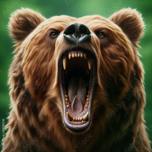Roaring brown bear close-up. Powerful jaw and large sharp teeth of the bear. A bear's eyes reflect a sense of urgency or anxiety. photo