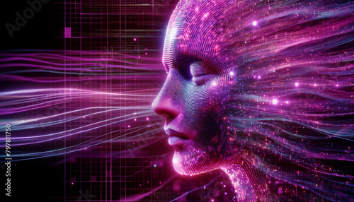 Close-up of a holographic human face composed of pink and purple digital pixels. The background is softly flowing data streams in appropriate shades of pink and purple, conveying a sense of digital ca