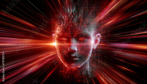 An image of a human face in the form of a hologram with pixels emitting dark red light. The background is filled with flowing lines of digital data in shades of red and orange, reminiscent of a digita