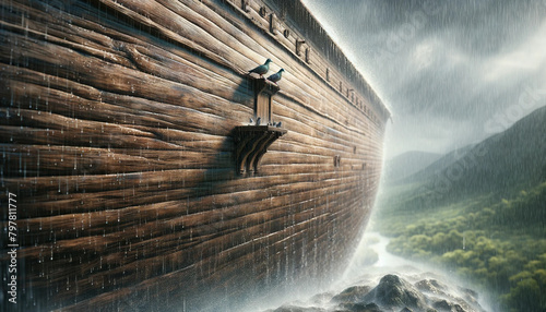Scene of Noah's Ark anchored in a calm sea. The ark is decorated with wooden planks and ropes, indicating signs of a long journey.