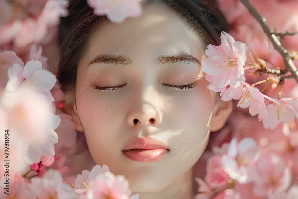 Tranquil Beauty: Asian Woman Surrounded by Pink Cherry Blossoms Tranquil Beauty: Asian Woman Surrounded by Pink Cherry Blossoms