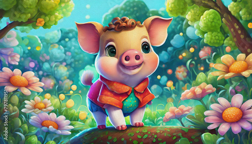 oil painting style CARTOON CHARACTER CUTE baby pig in red shirt, animal © stefanelo