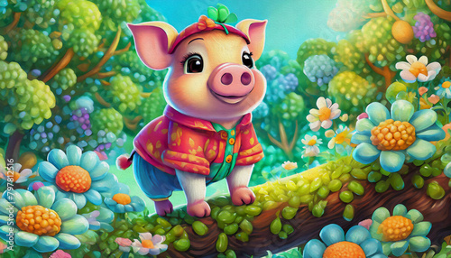 oil painting style CARTOON CHARACTER CUTE baby pig in red shirt  animal