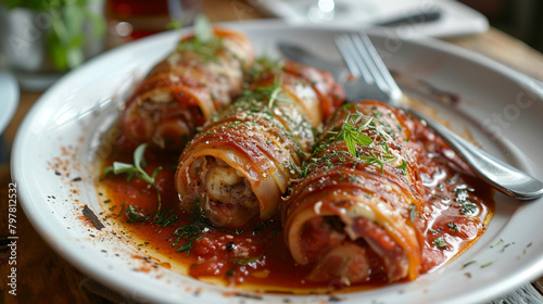 A plate of involtini with thin slices of beef, rolled with cheese, ham, and herbs, cooked in tomato sauce, served with a fork and a knife. photo