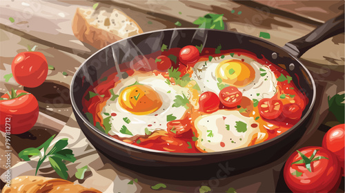 Frying pan with tasty Shakshouka and bread on table