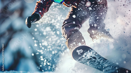 snowboarder doing tricks on the mountain, close up of snowboarder on the snow