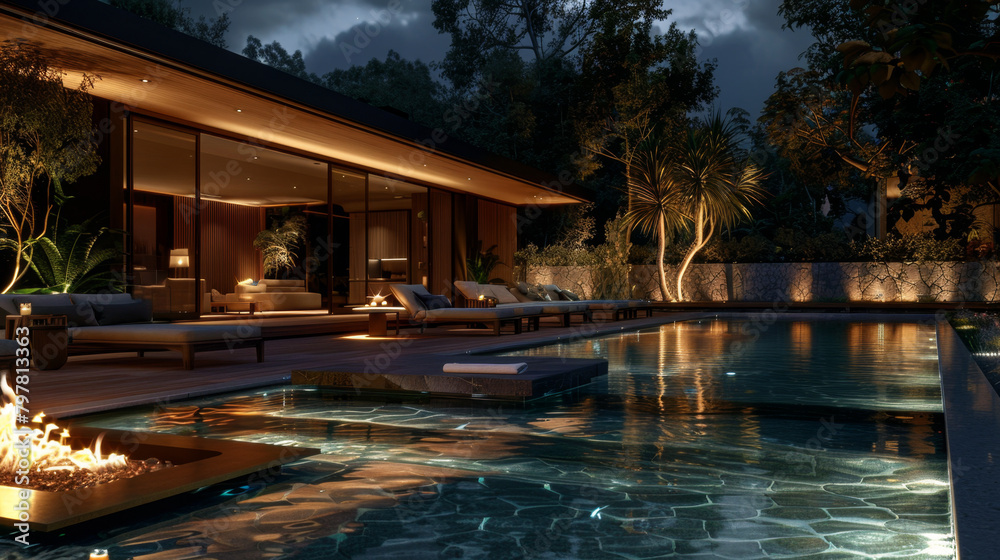 An opulent villa's poolside comes to life in the evening, with ambient lighting accentuating the serene atmosphere and luxurious outdoor space.
 Elegant Poolside Living at a Luxurious Evening Retreat

