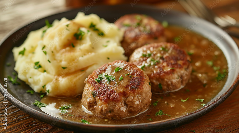 A plate of kotlety with meat patties, made with ground beef, pork, or chicken, bread crumbs, and onion, and fried in oil, served with mashed potatoes and gravy. A plate of kotlety with meat patties, made with ground beef, pork, or chicken, bread crumbs, and onion, and fried in oil, served with mashed potatoes and gravy.