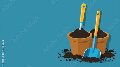 Gardening tools and peat pot with soil on blue background