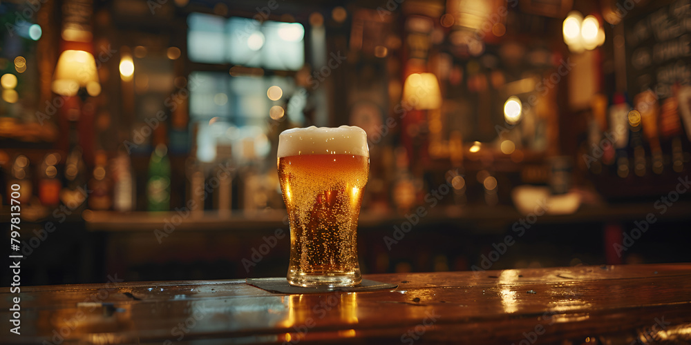 Cold beer pour in glass from crane in pub background Cold beer pour in glass from crane in pub background
