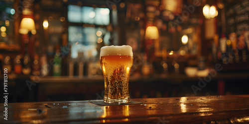 Cold beer pour in glass from crane in pub background