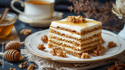 A plate of medovik with honey cake, made with layers of thin sponge cake and sour cream frosting, and decorated with nuts and honey. photo