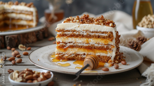 A plate of medovik with honey cake, made with layers of thin sponge cake and sour cream frosting, and decorated with nuts and honey. photo