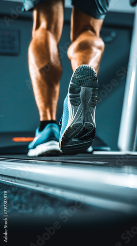 Close-up of man's feet running on a treadmill