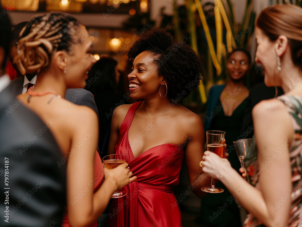 A joyful gathering with people conversing and holding drinks.