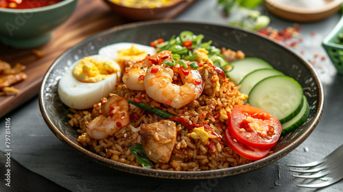 A plate of nasi goreng with fried rice, eggs, chicken, shrimp, and vegetables, seasoned with soy sauce and chili, and garnished with cucumber and tomato slices. photo
