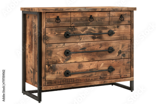 A wooden chest of drawers with metal handles stands majestically in a dimly lit room