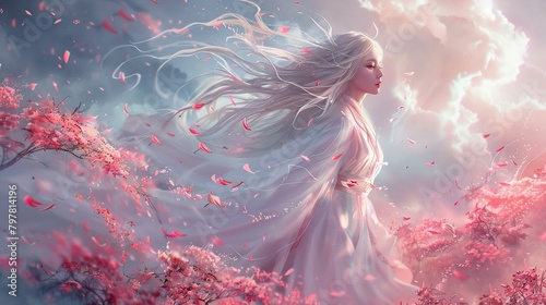 Ethereal moe amongst swirling petals in the wind , Ideogram photo