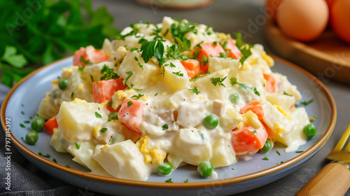A plate of olivier salad with diced potatoes, carrots, eggs, peas, pickles, and meat, mixed with mayonnaise, and garnished with parsley.