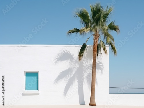Palm tree leaves against turquoise blue sky and white wall. Colorful minimalism.