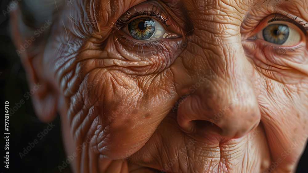 close-up image of an old woman with detailed wrinkles on her face, many wrinkles around her eyes, beautiful blue eyes and a smile on her lips close-up image of an old woman with detailed wrinkles on her face, many wrinkles around her eyes, beautiful blue eyes and a smile on her lips